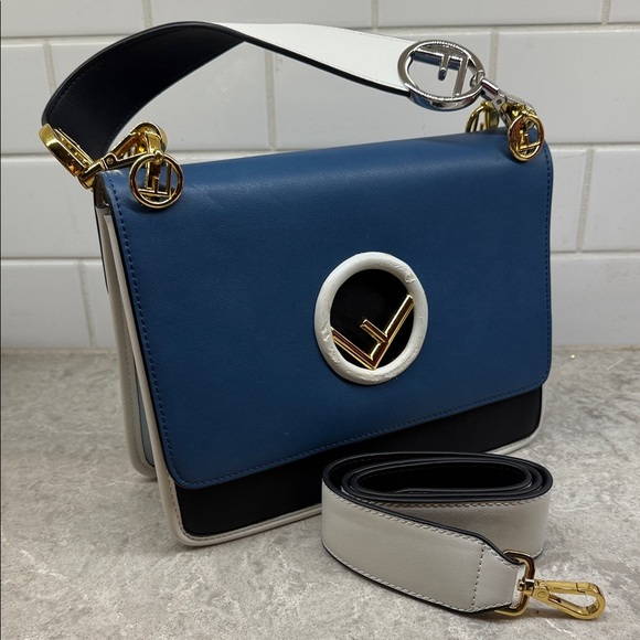 Authentic Fendi Kan I F Logo Shoulder Bag – Blue/Black/White – Gold Hardware - Picture 1 of 16